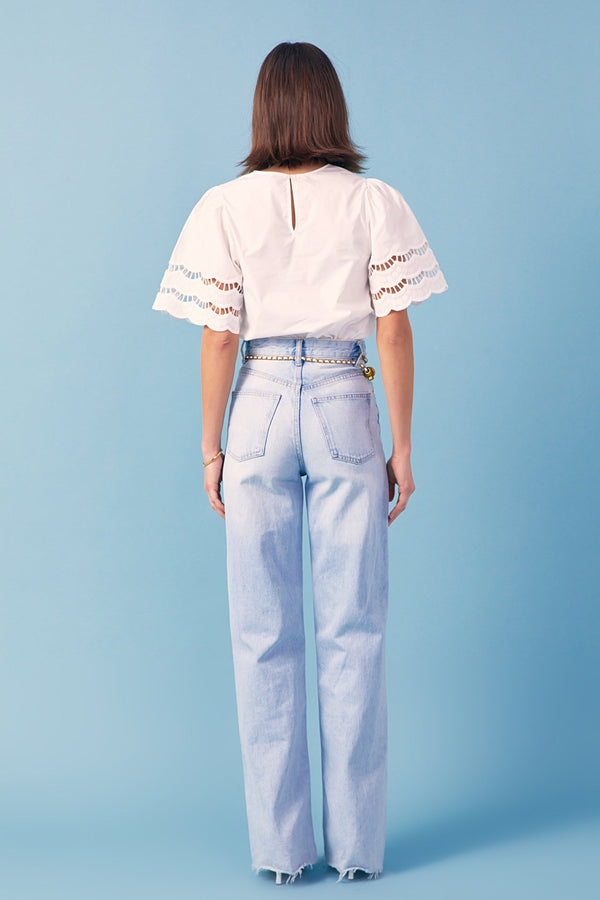 English Factory Mixed Media Lace Trim Knit Top WHITE