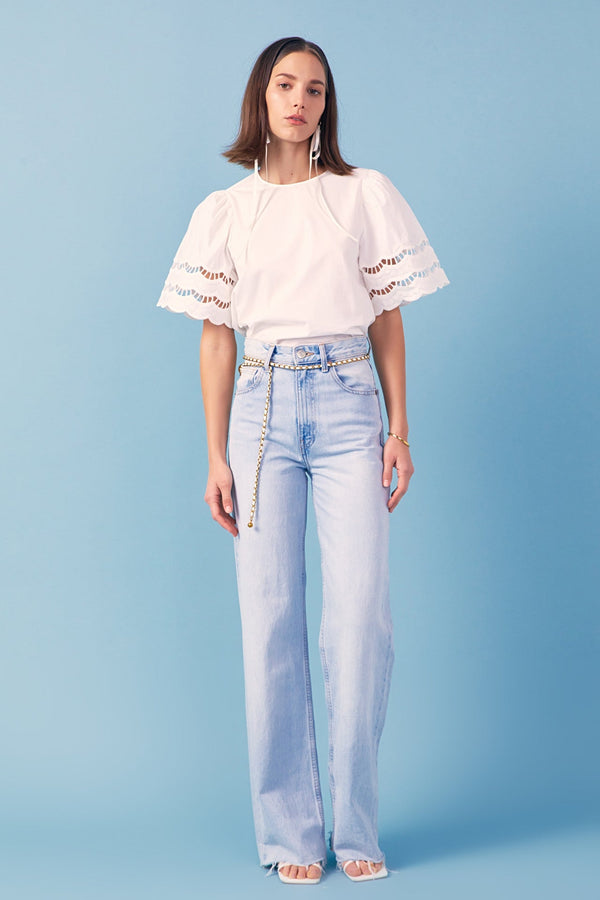 english factory Mixed Media Lace Trim Knit Top WHITE