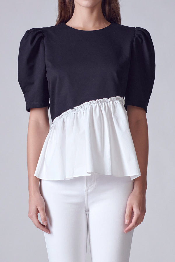 English Factory Mixed Media Peplum Contrast Top BLACK/WHITE