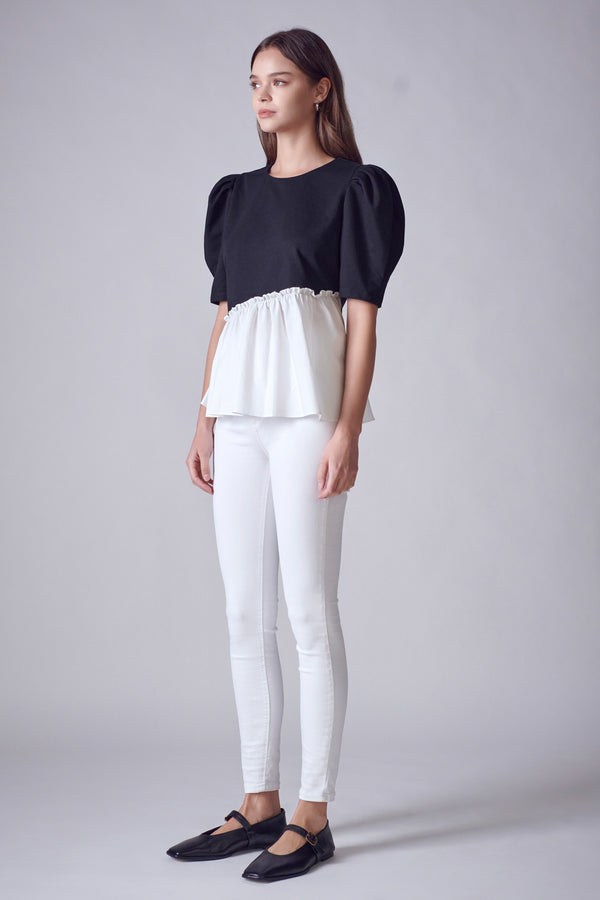 English Factory Mixed Media Peplum Contrast Top BLACK/WHITE
