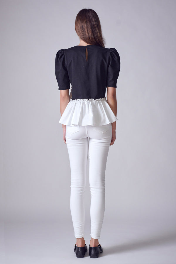 English Factory Mixed Media Peplum Contrast Top BLACK/WHITE