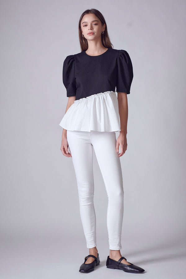 english factory Mixed Media Peplum Contrast Top BLACK/WHITE