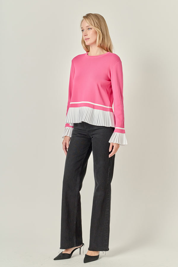 English Factory Mixed Media Pleated Knit Top PINK/WHITE