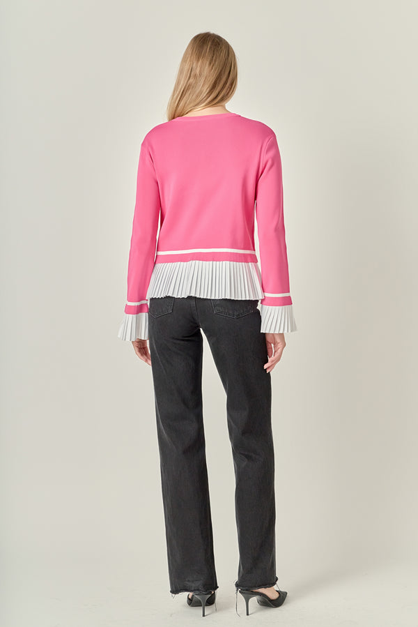 English Factory Mixed Media Pleated Knit Top PINK/WHITE