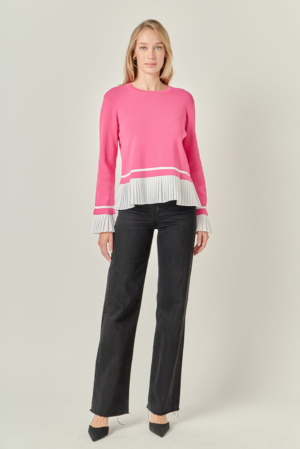 english factory Mixed Media Pleated Knit Top PINK/WHITE