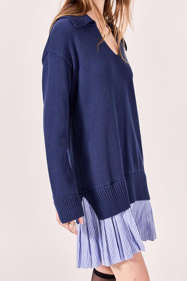 English Factory Mixed Media Pleated Mini Dress NAVY/NAVY