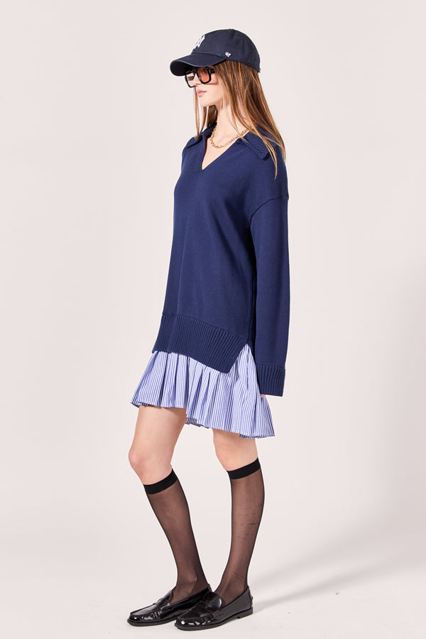 English Factory Mixed Media Pleated Mini Dress NAVY/NAVY