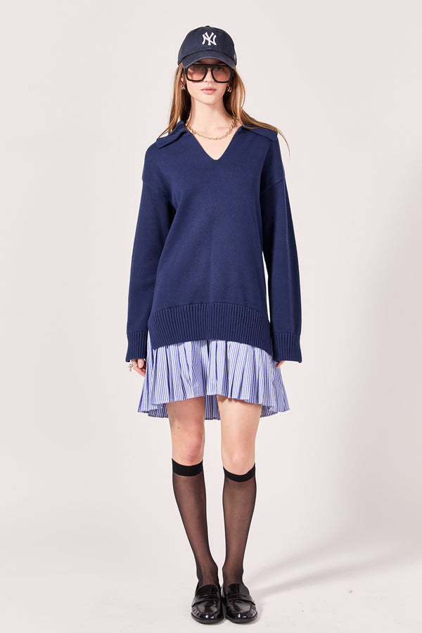 english factory Mixed Media Pleated Mini Dress NAVY/NAVY