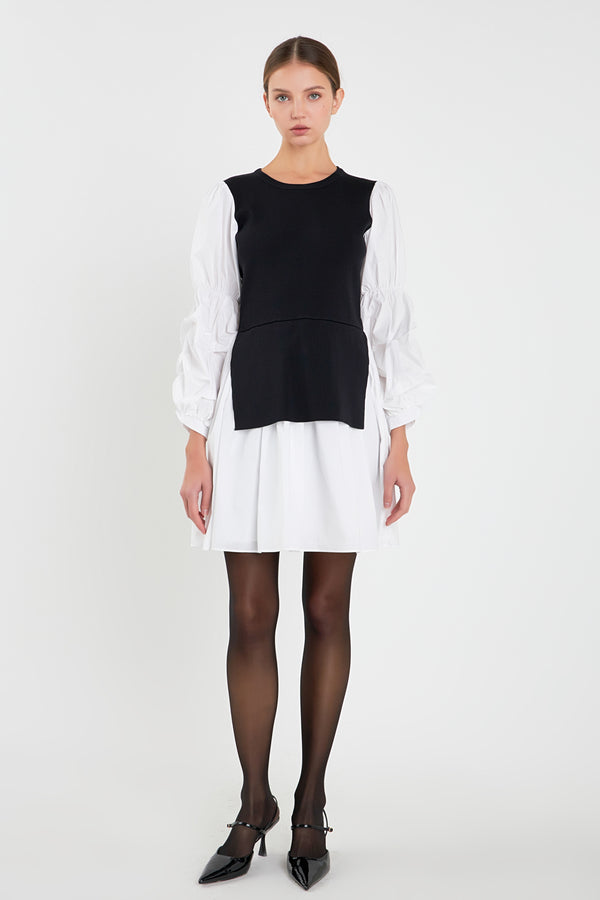 english factory Mixed Media Poplin Mini Dress BLACK/WHITE