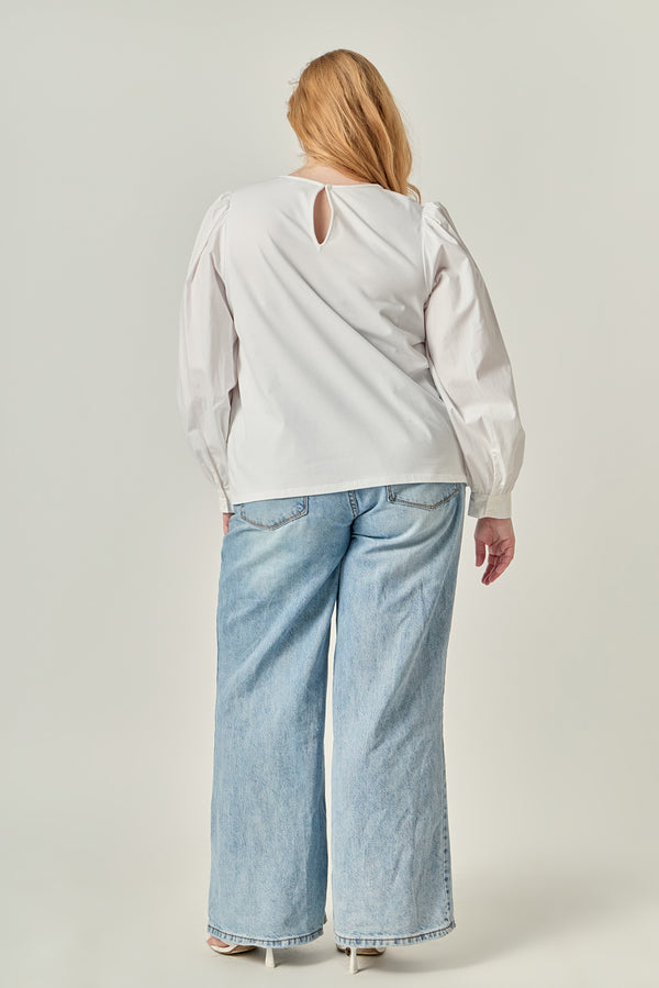 English Factory Mixed Media Puff Long Sleeve Top WHITE