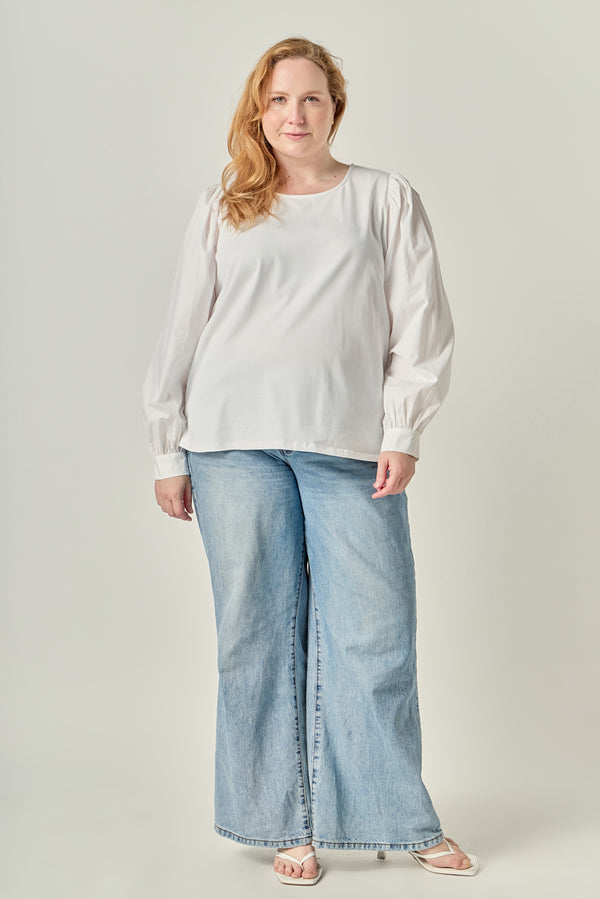 english factory Mixed Media Puff Long Sleeve Top WHITE