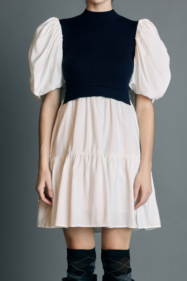 English Factory Mixed Media Puff Short Sleeve Mini Dress NAVY