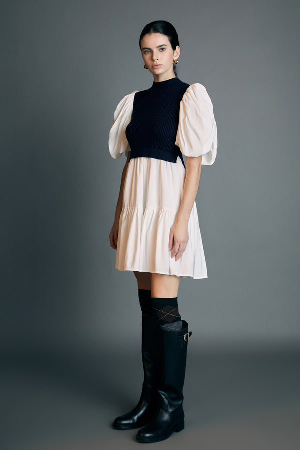 English Factory Mixed Media Puff Short Sleeve Mini Dress NAVY