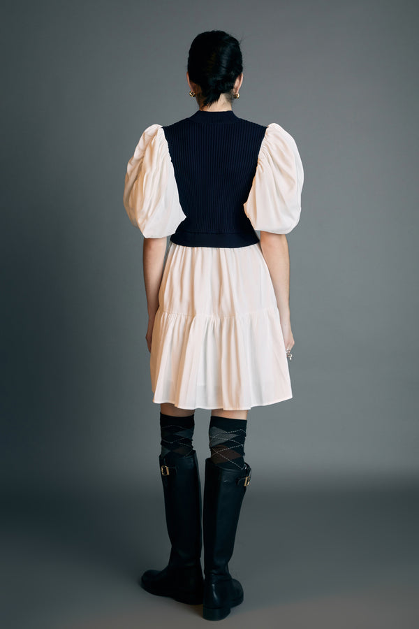 English Factory Mixed Media Puff Short Sleeve Mini Dress NAVY