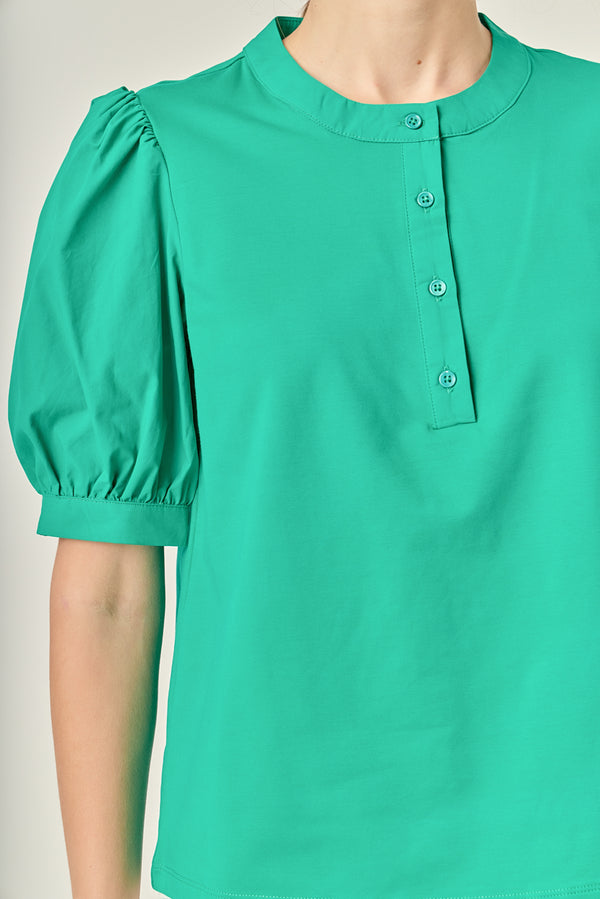 English Factory Mixed Media Puff Short Sleeve Top GREEN