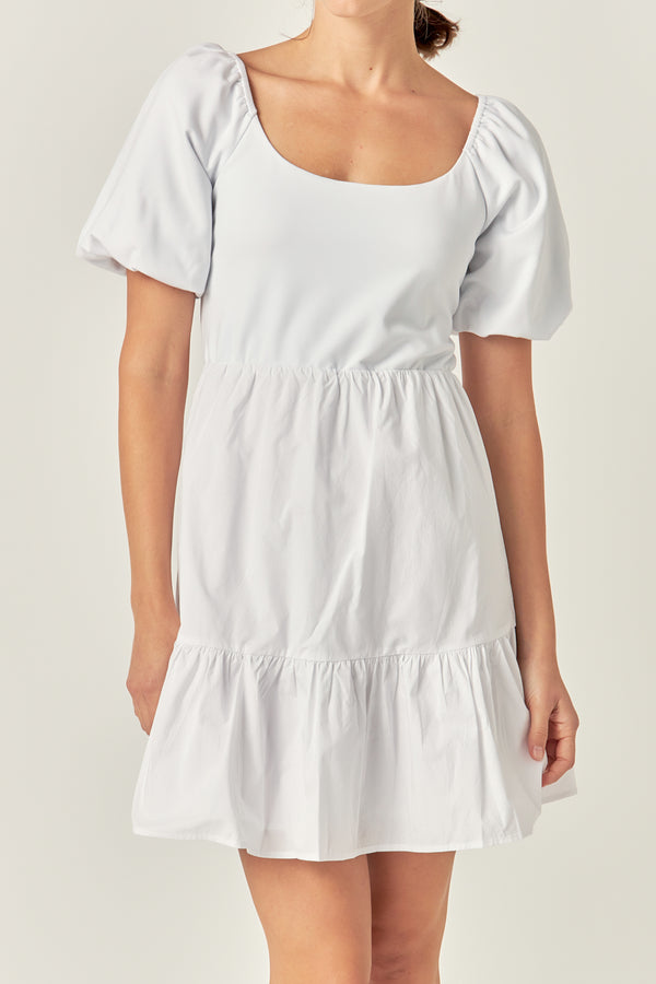 English Factory Mixed Media Puff Sleeve Back Bow Dress WHITE
