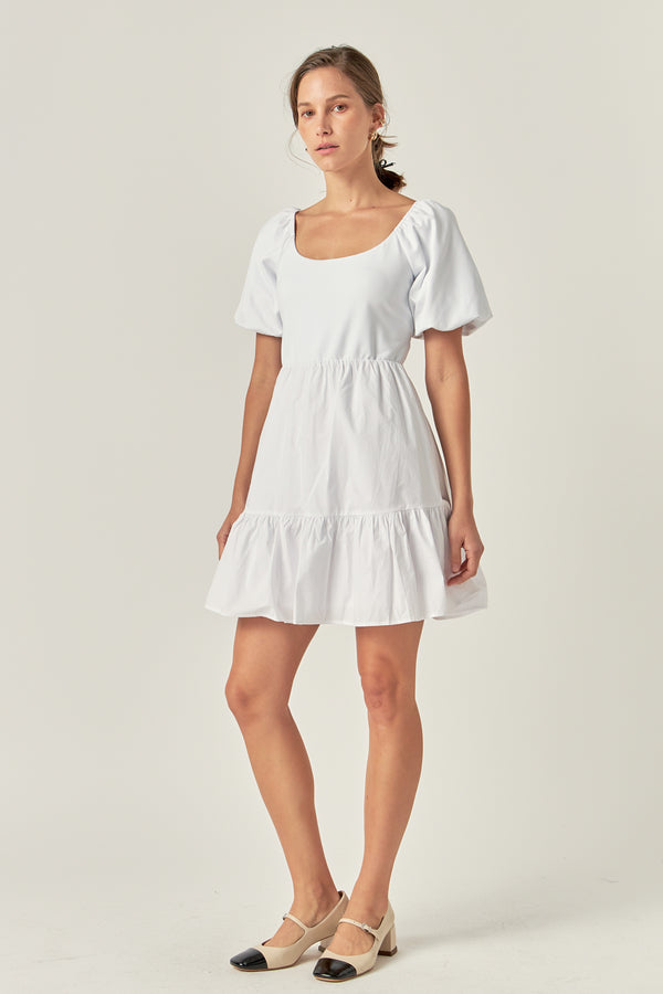 English Factory Mixed Media Puff Sleeve Back Bow Dress WHITE