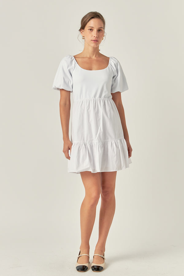 english factory Mixed Media Puff Sleeve Back Bow Dress WHITE