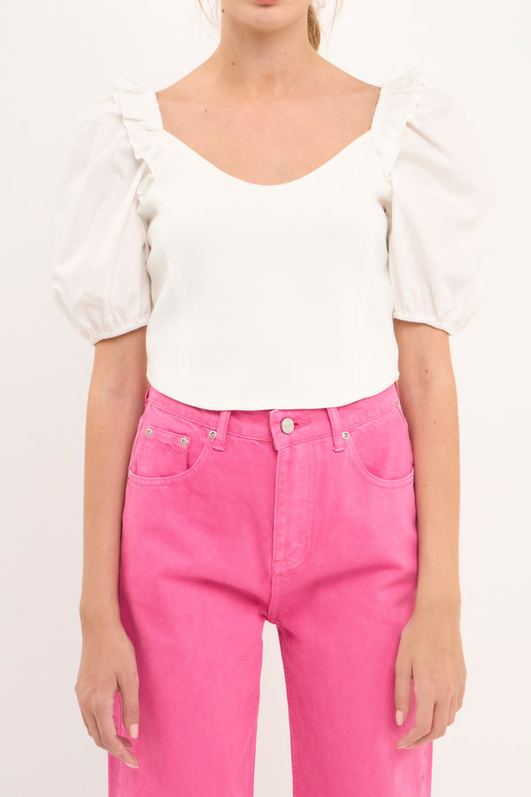 English Factory Mixed Media Puff Sleeve Crop Top OFF WHITE