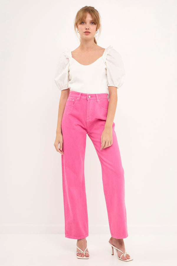 english factory Mixed Media Puff Sleeve Crop Top OFF WHITE