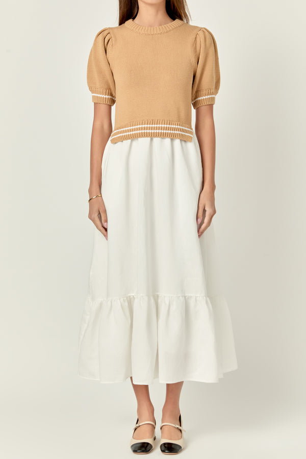 English Factory Mixed Media Puff Sleeve Midi Dress TAN/WHITE