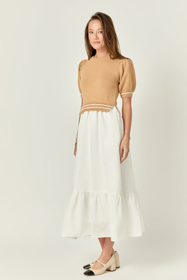 English Factory Mixed Media Puff Sleeve Midi Dress TAN/WHITE