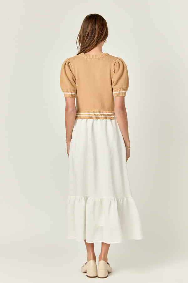 English Factory Mixed Media Puff Sleeve Midi Dress TAN/WHITE