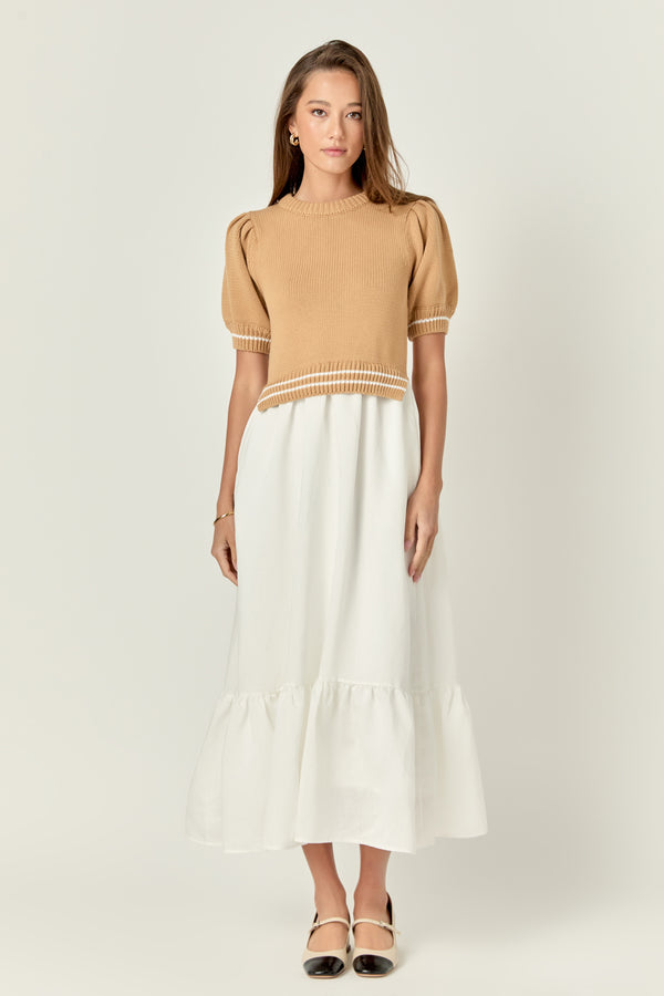 english factory Mixed Media Puff Sleeve Midi Dress TAN/WHITE