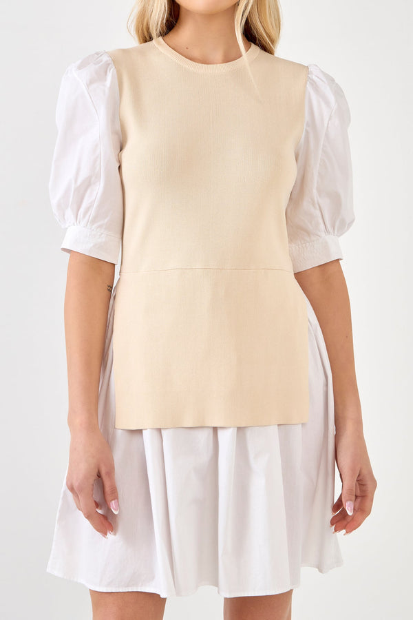 English Factory Mixed Media Puff Sleeve Mini Dress BEIGE/WHITE