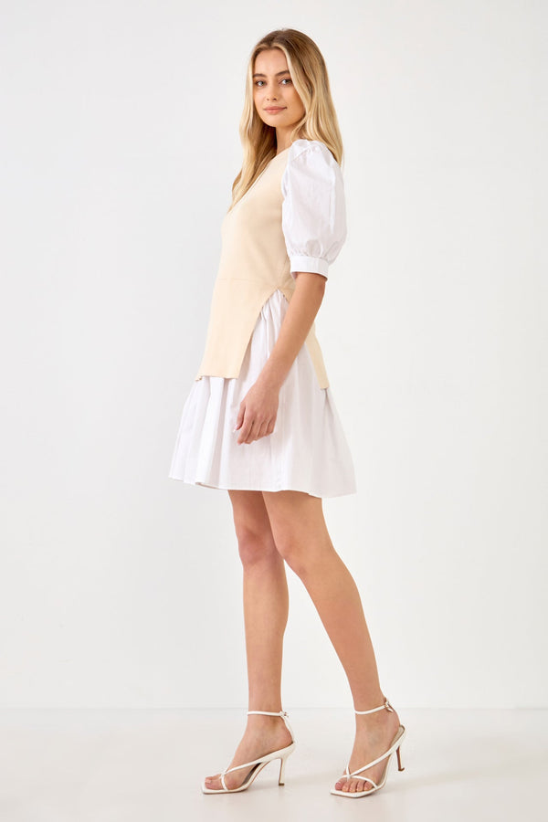 English Factory Mixed Media Puff Sleeve Mini Dress BEIGE/WHITE