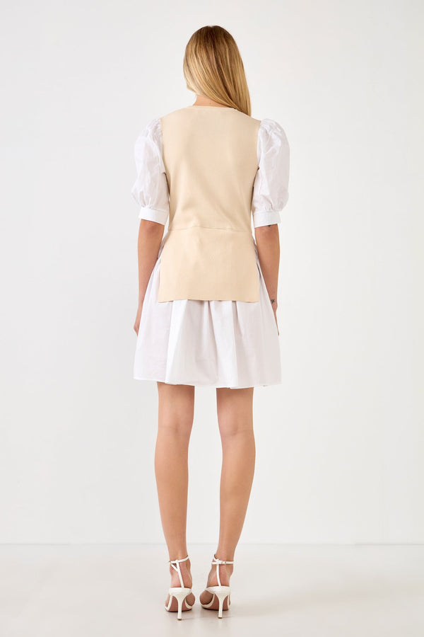 English Factory Mixed Media Puff Sleeve Mini Dress BEIGE/WHITE