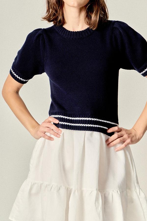 English Factory Mixed Media Puff Sleeve Mini Dress NAVY/WHITE