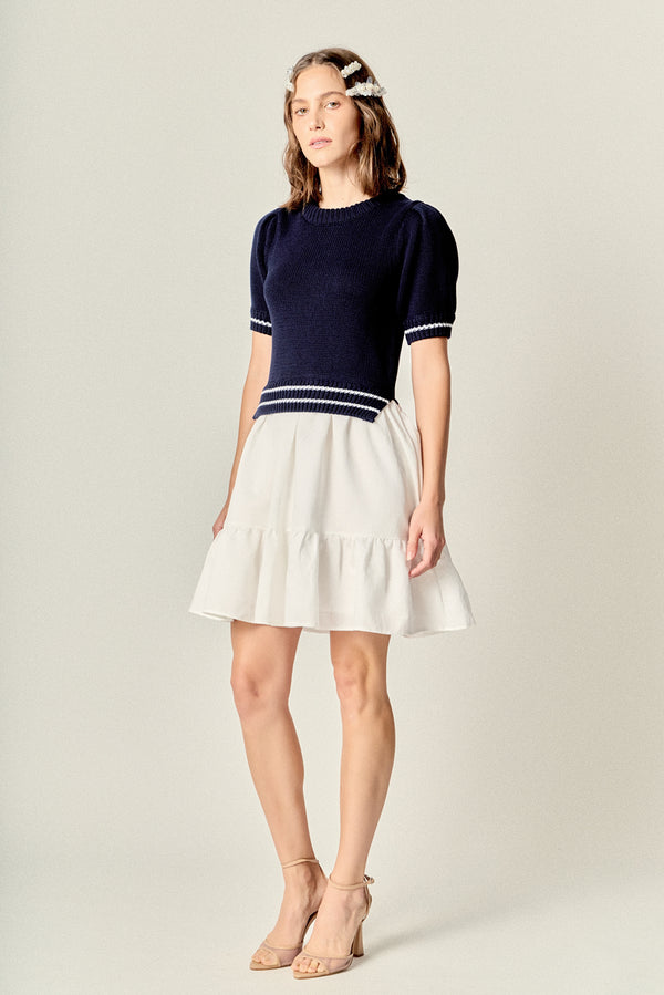 English Factory Mixed Media Puff Sleeve Mini Dress NAVY/WHITE