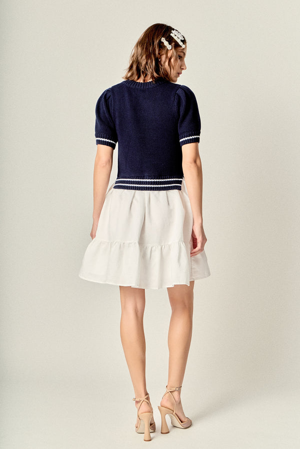 English Factory Mixed Media Puff Sleeve Mini Dress NAVY/WHITE