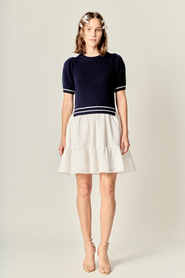 english factory Mixed Media Puff Sleeve Mini Dress NAVY/WHITE