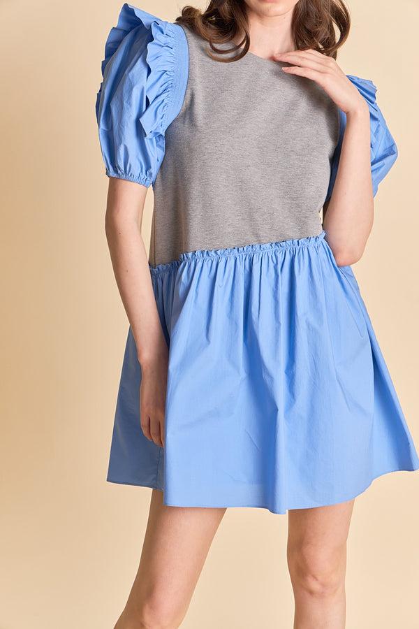 English Factory Mixed Media Puffy Short Sleeve Mini Dress GREY/BLUE
