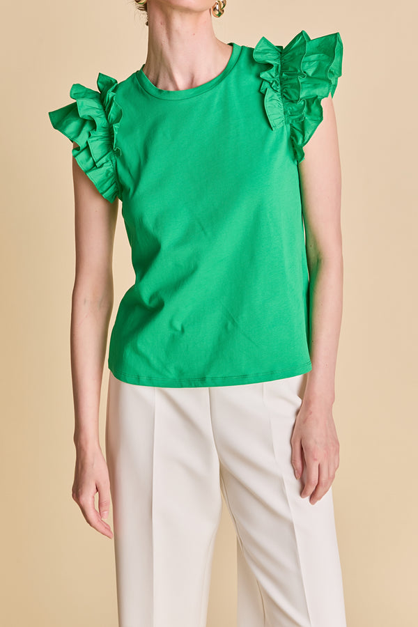 English Factory Mixed Media Ruffle Detail T-shirt GREEN