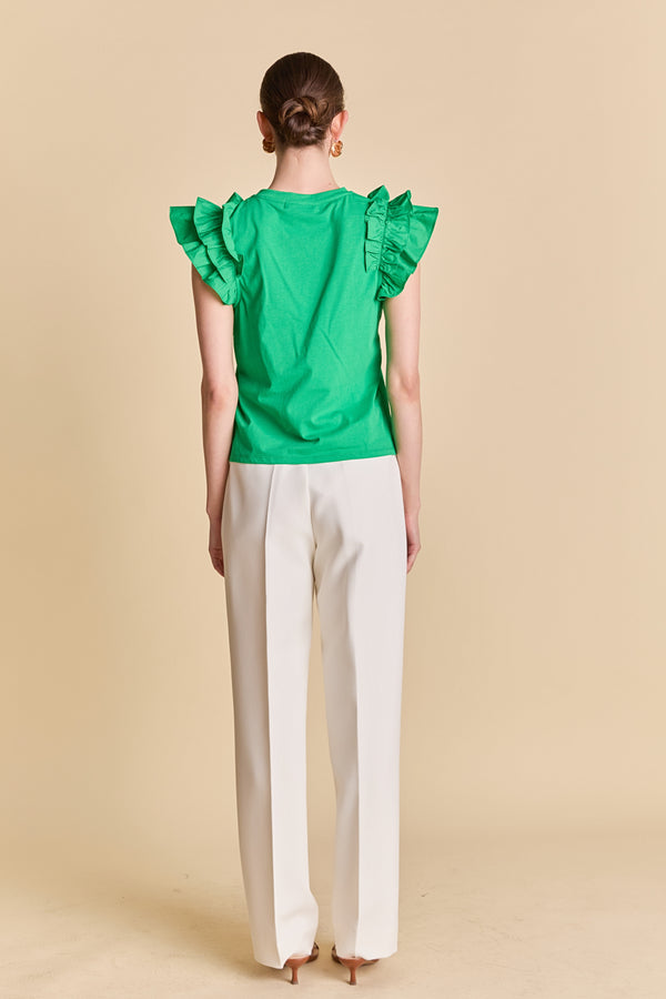 English Factory Mixed Media Ruffle Detail T-shirt GREEN
