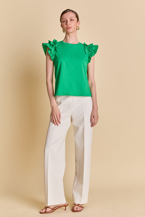 english factory Mixed Media Ruffle Detail T-shirt GREEN