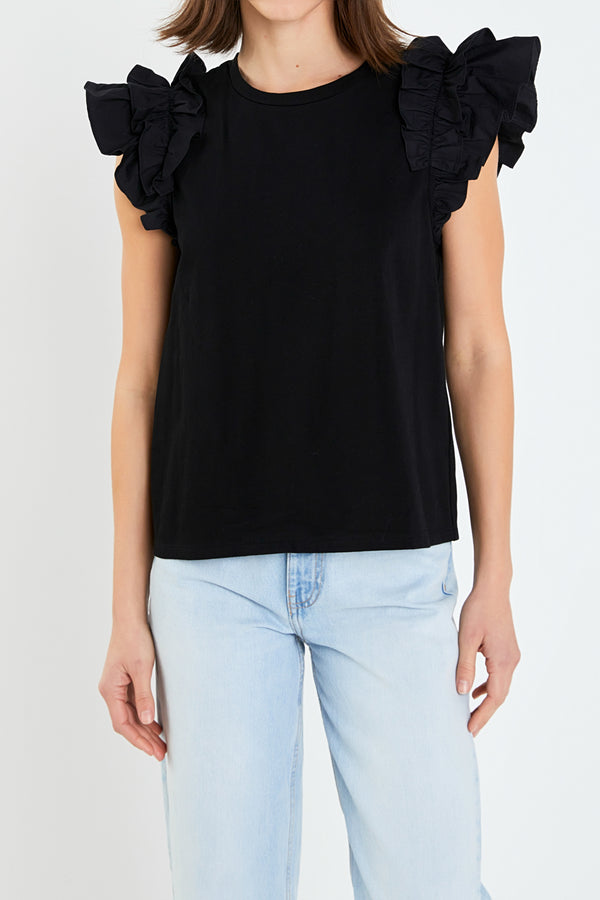 English Factory Mixed Media Ruffle Detail T-shirt OLIVE