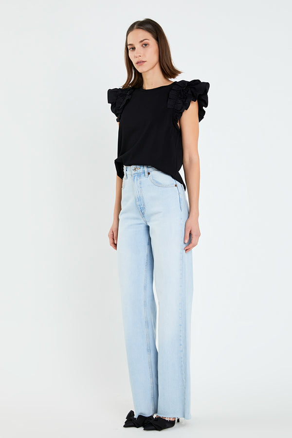 English Factory Mixed Media Ruffle Detail T-shirt OLIVE