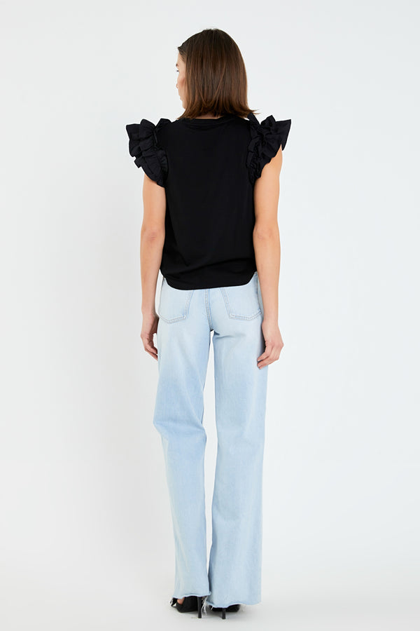 English Factory Mixed Media Ruffle Detail T-shirt OLIVE