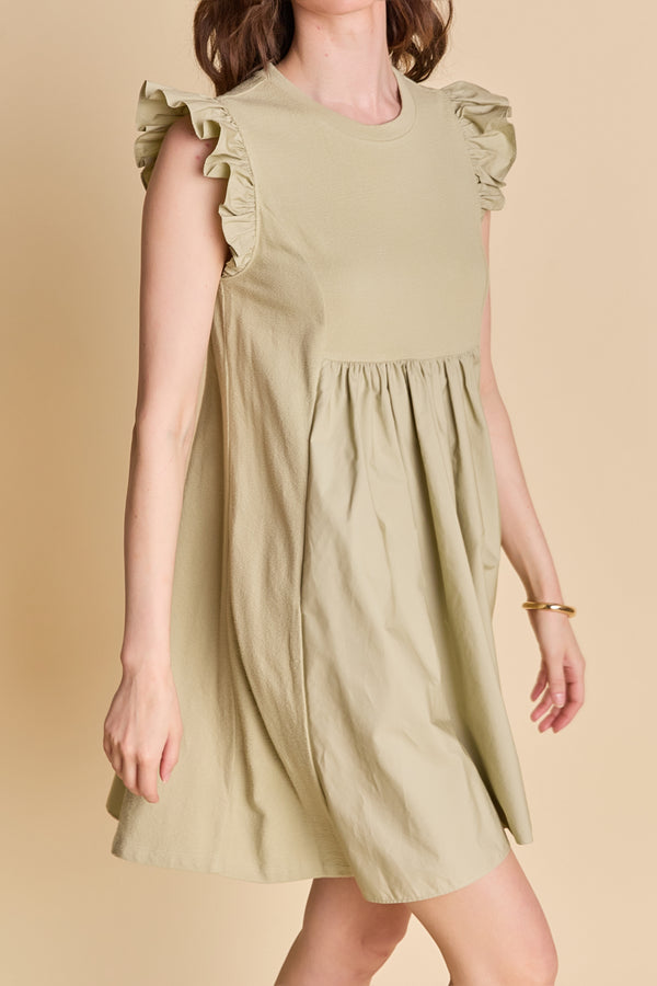 English Factory Mixed Media Ruffle Sleeve Mini Dress SAGE