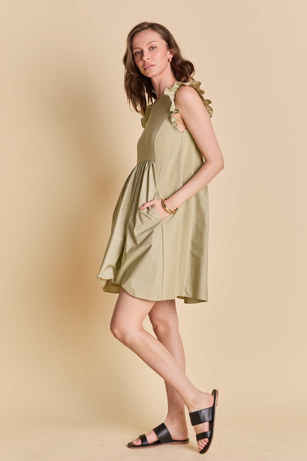 English Factory Mixed Media Ruffle Sleeve Mini Dress SAGE