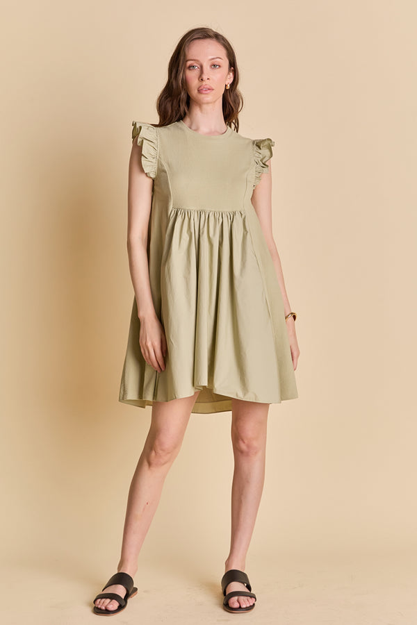 english factory Mixed Media Ruffle Sleeve Mini Dress SAGE