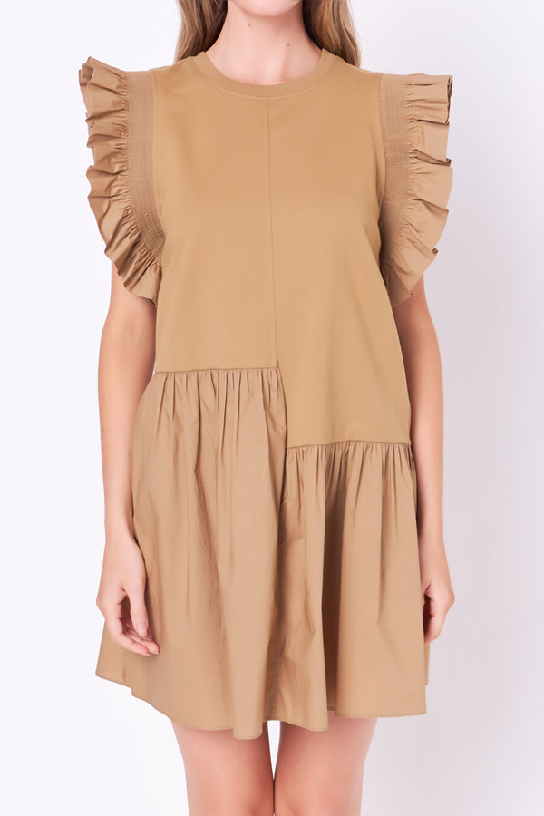 English Factory Mixed Media Ruffled Detail Mini Dress BROWN