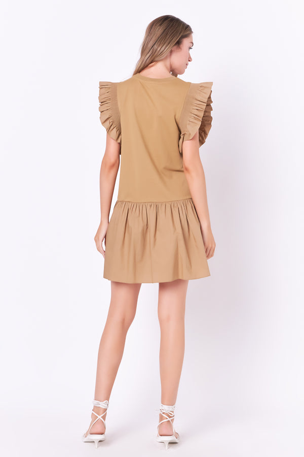 English Factory Mixed Media Ruffled Detail Mini Dress BROWN