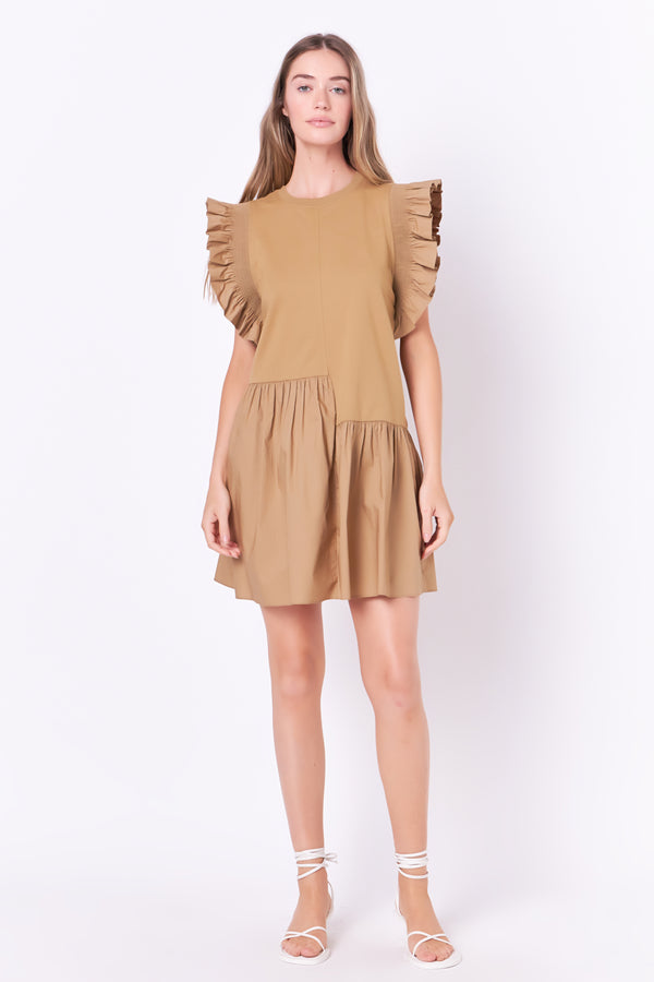 english factory Mixed Media Ruffled Detail Mini Dress BROWN