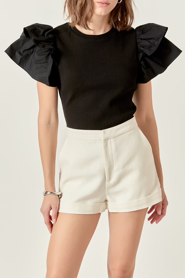 English Factory Mixed Media Ruffled Knit Top ORANGE