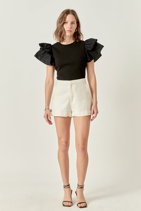 english factory Mixed Media Ruffled Knit Top ORANGE